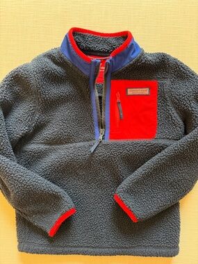 Vineyard Vines Kids' Navy Sherpa Pullover with Red Pocket and Blue Trim